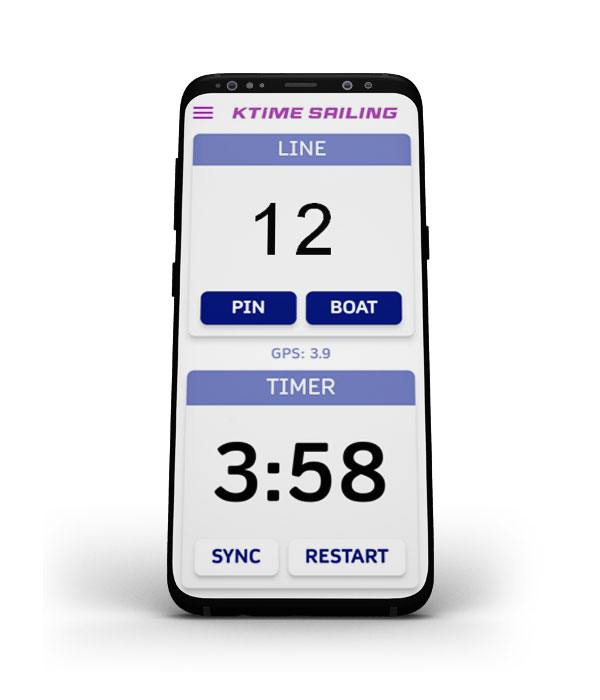 Phone showing LINE distance and TIMER countdown with PIN and BOAT buttons